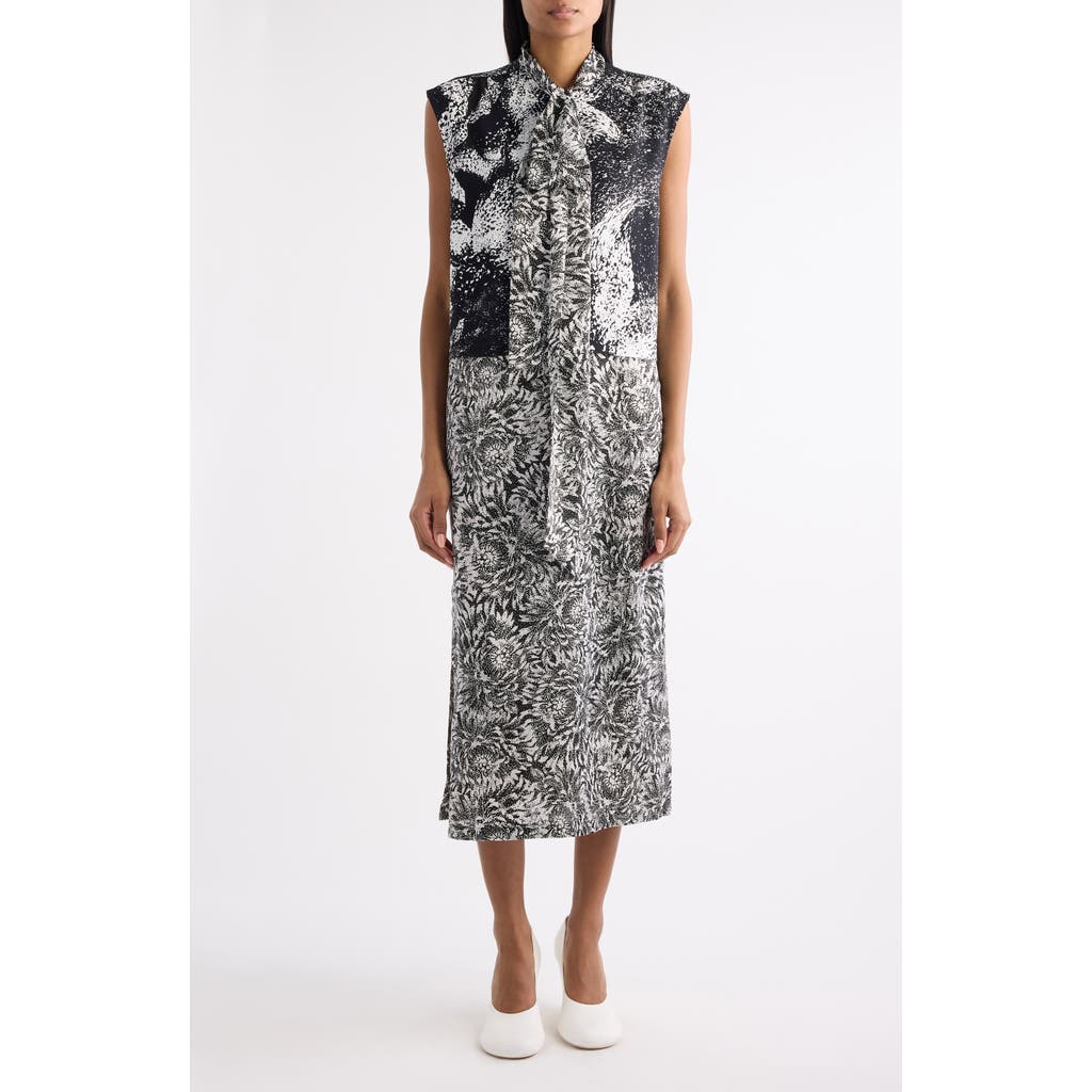 Dries Van Noten Cecussi Abstract Floral Tie Neck Midi Dress In Gray