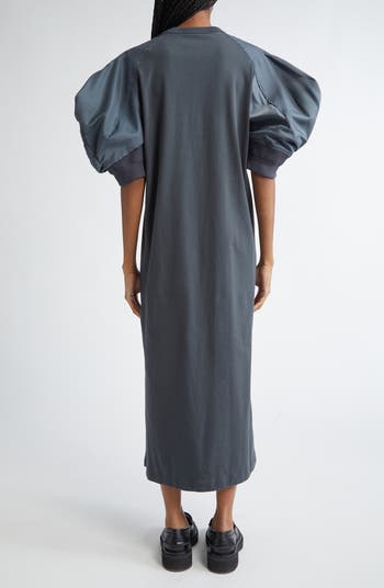 Puff Sleeve Cotton Jersey & Nylon Twill Dress