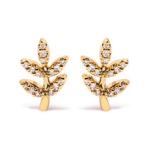 10K Yellow Gold 1/10 Cttw Diamond Accented Leaf and Branch Stud Earrings