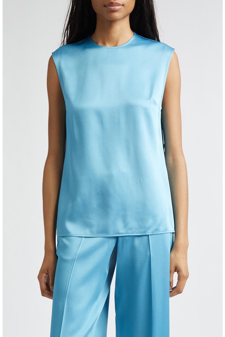 Sleeveless Crepe Back Satin Top, Main, color, STEEL BLUE