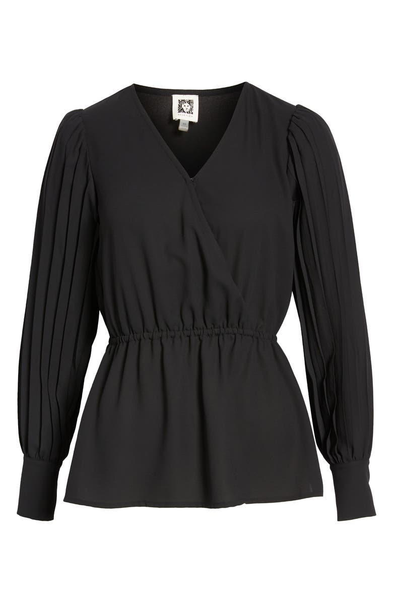 Anne Klein Pleated Sleeve Peplum Blouse, Alternate, color, Anne Black