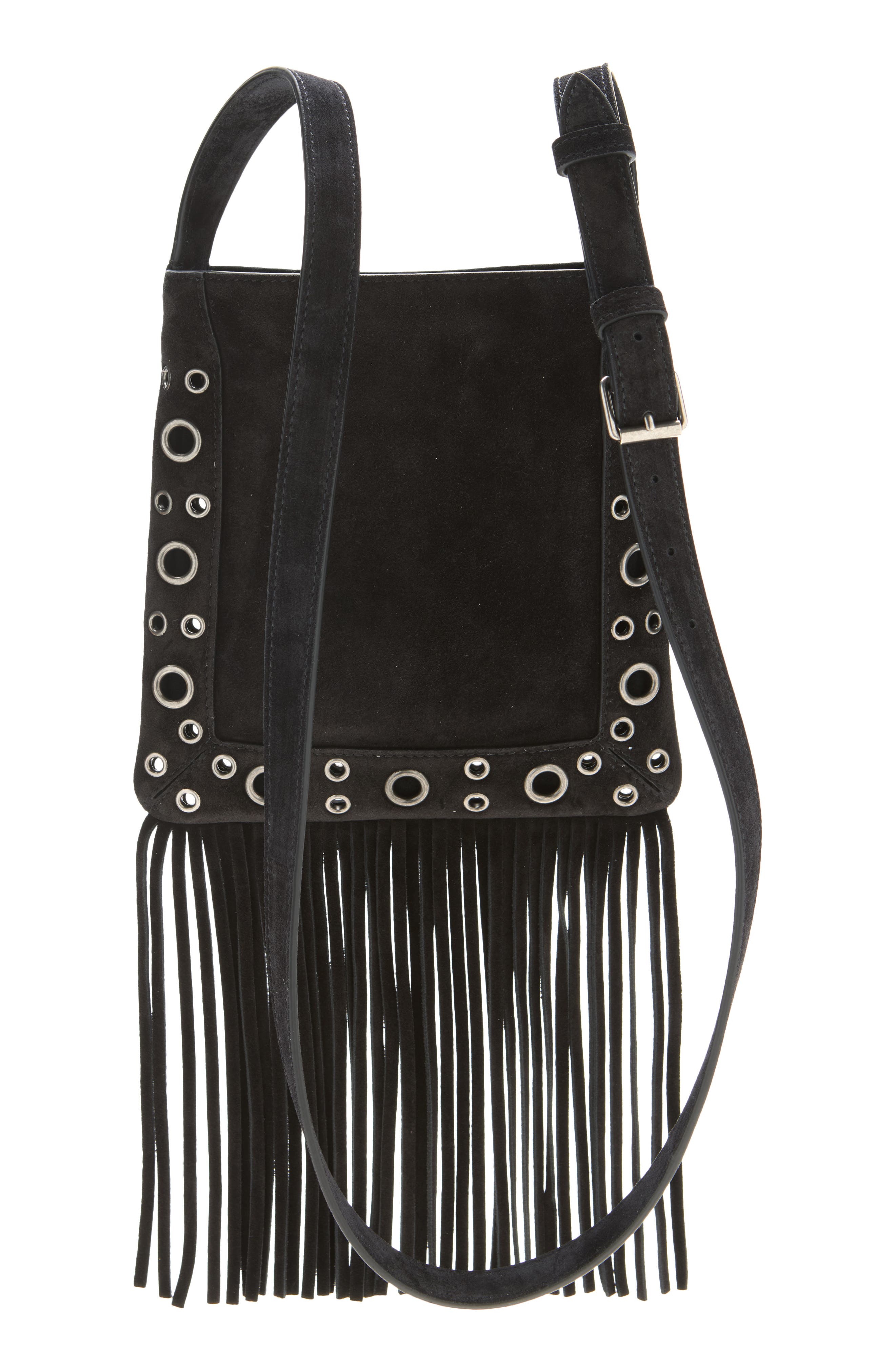 Small Nellcôte Fringe Stud Suede Crossbody Bag, Alternate, color, BLACK
