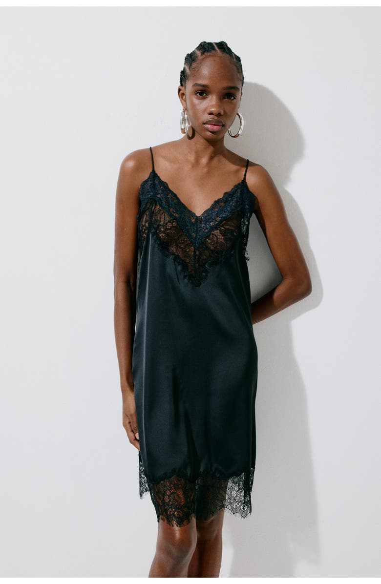 H&M Lace-trimmed Satin Dress, Alternate, color, Black