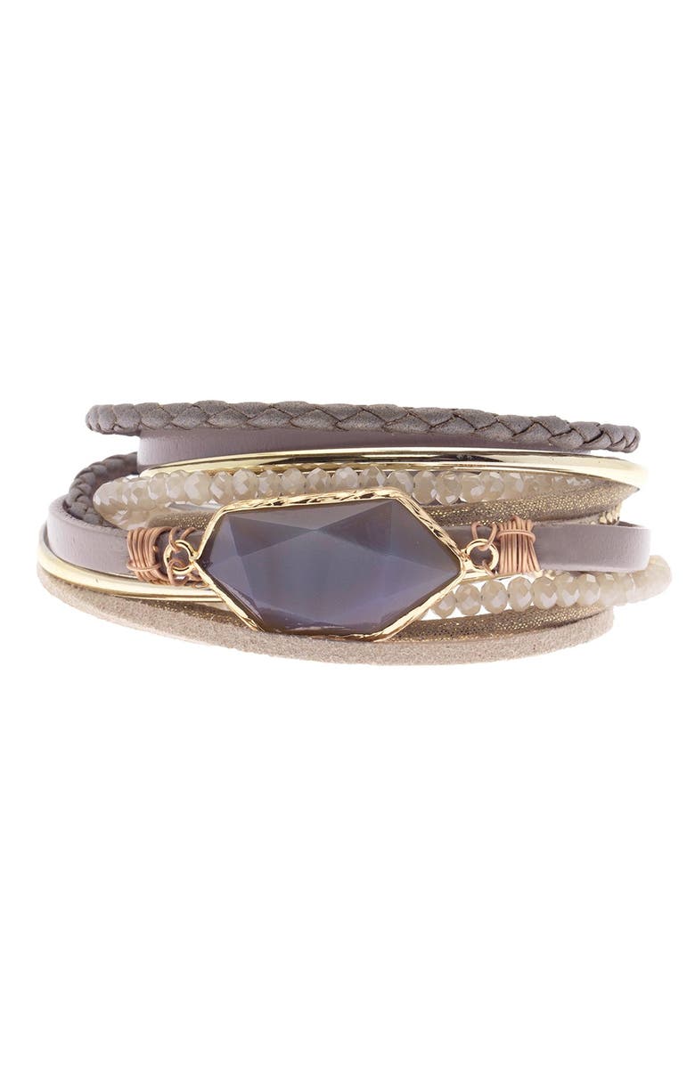 SAACHI Endless Dream Beaded Multistrand Leather Wrap Bracelet, Main, color, Taupe