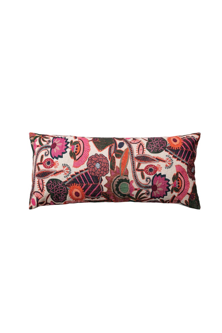Cotton Slub Embroidered Lumbar Pillow with Florals and Chambray Back, Multicolor, Main, color, Red
