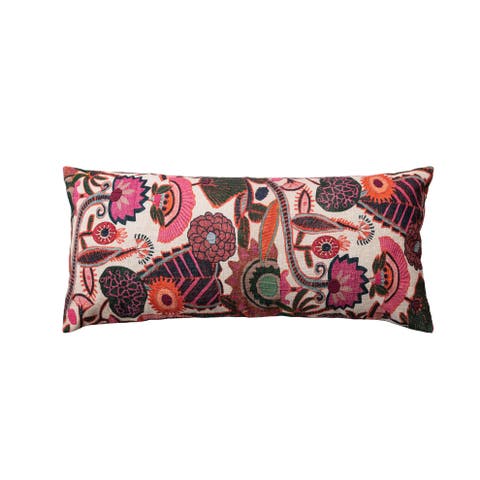 Cotton Slub Embroidered Lumbar Pillow with Florals and Chambray Back, Multicolor