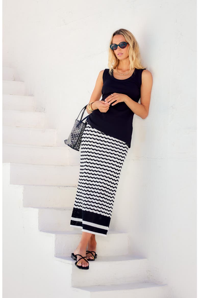 Zoe Stripe Pointelle Cotton Blend Midi Sweater Skirt, Alternate, color, BLACK/ CREAM