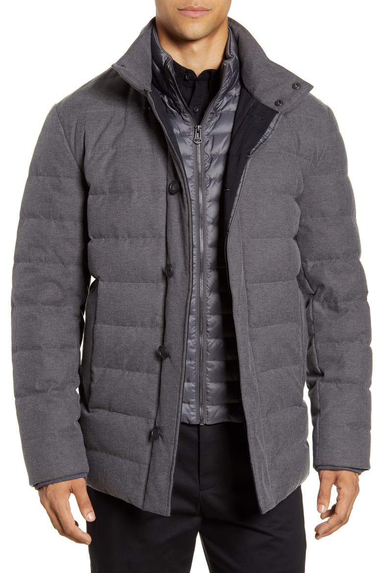 Stand Collar Quilted Down Coat with Inset Bib, Main, color, GREY