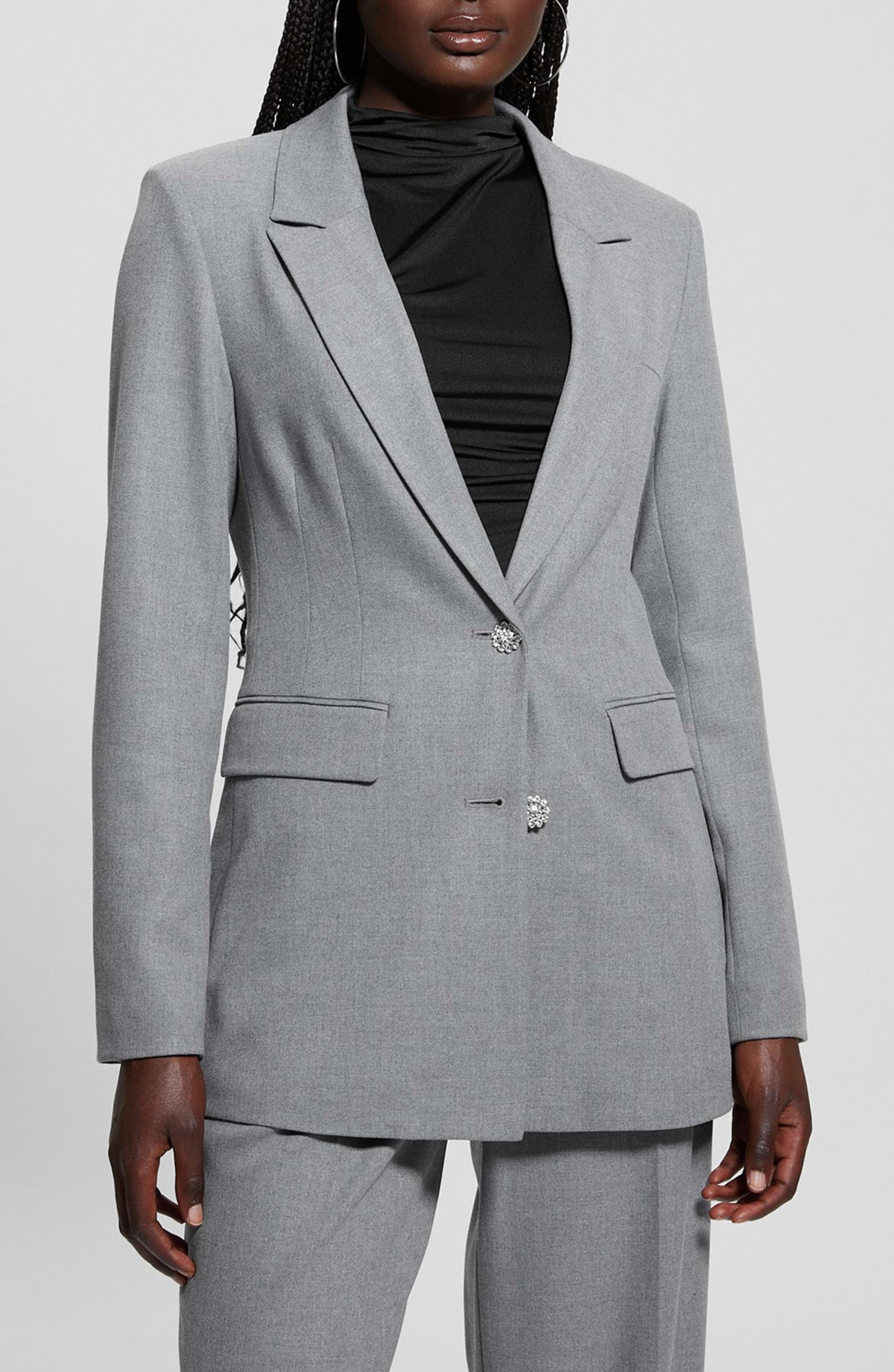 GUESS Doris Rhinestone Button Blazer in Cloudy Grey Heather 