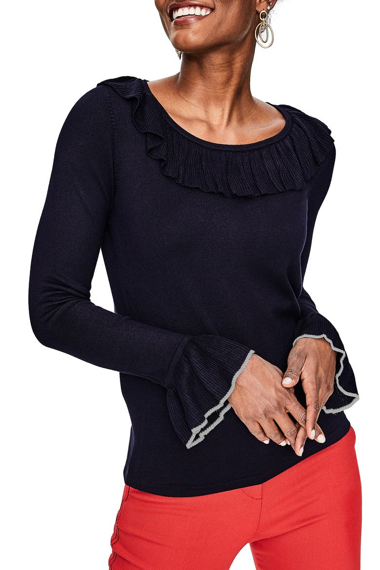 Lavinia Ruffle Trim Sweater, Main, color, NAVY