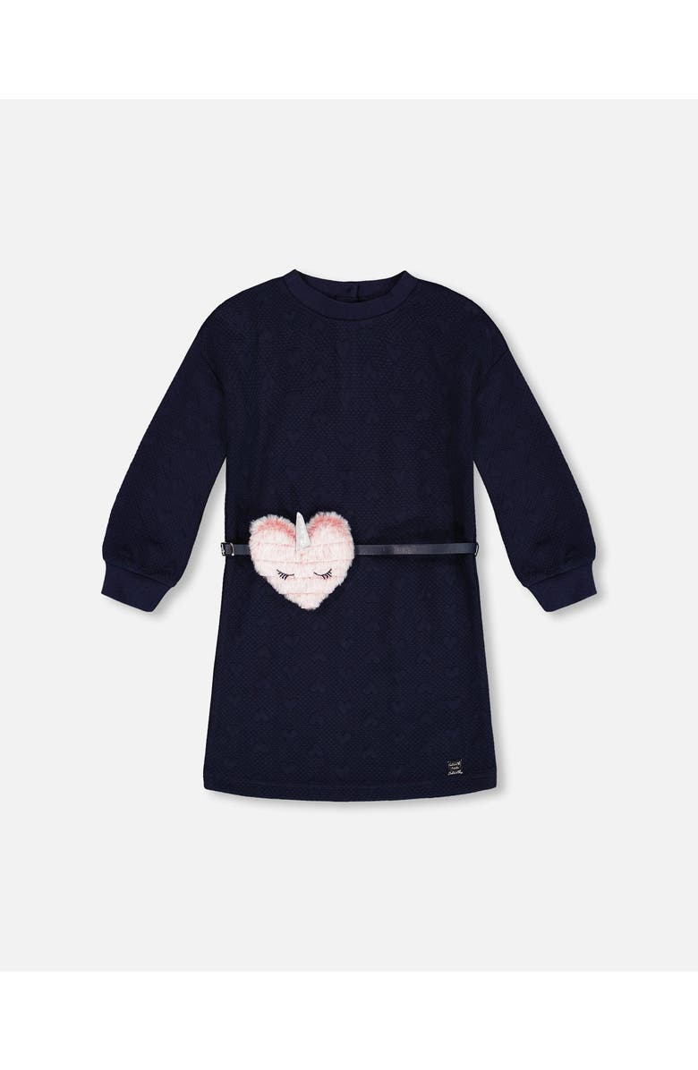 Deux par Deux Little Girl's Quilted Heart Fleece Dress With Belt Navy, Main, color, 