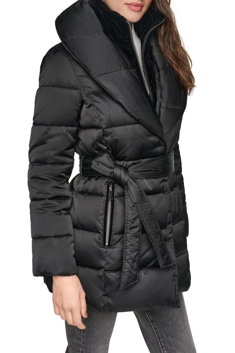 Zamora Shawl Collar Belted Puffer Coat, Main, color, BLACK