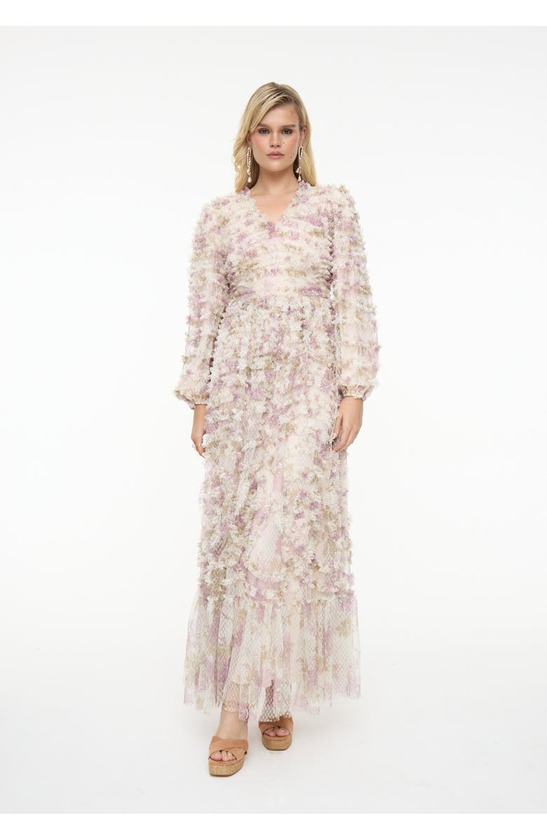 BEAUUT Ruffle Floral Mesh Maxi Dress, Main, color, Cream