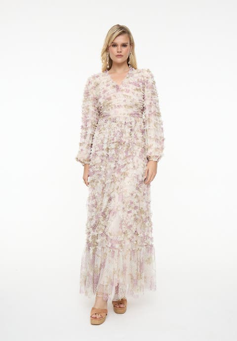 Ruffle Floral Mesh Maxi Dress