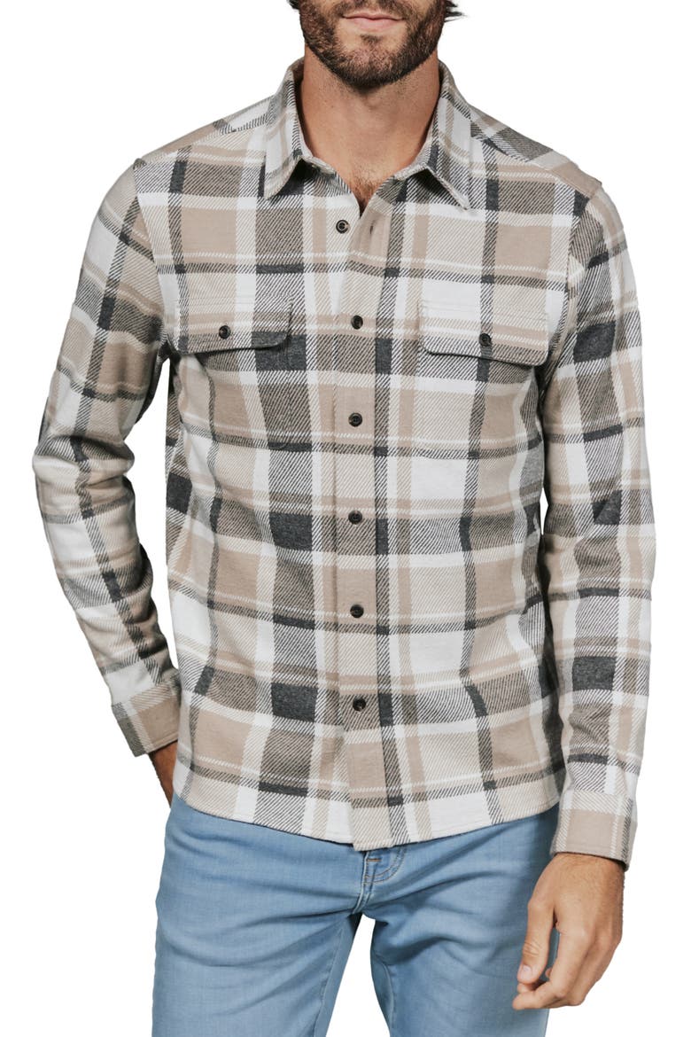 Generation Plaid Stretch Flannel Button-Up Overshirt, Main, color, TAN