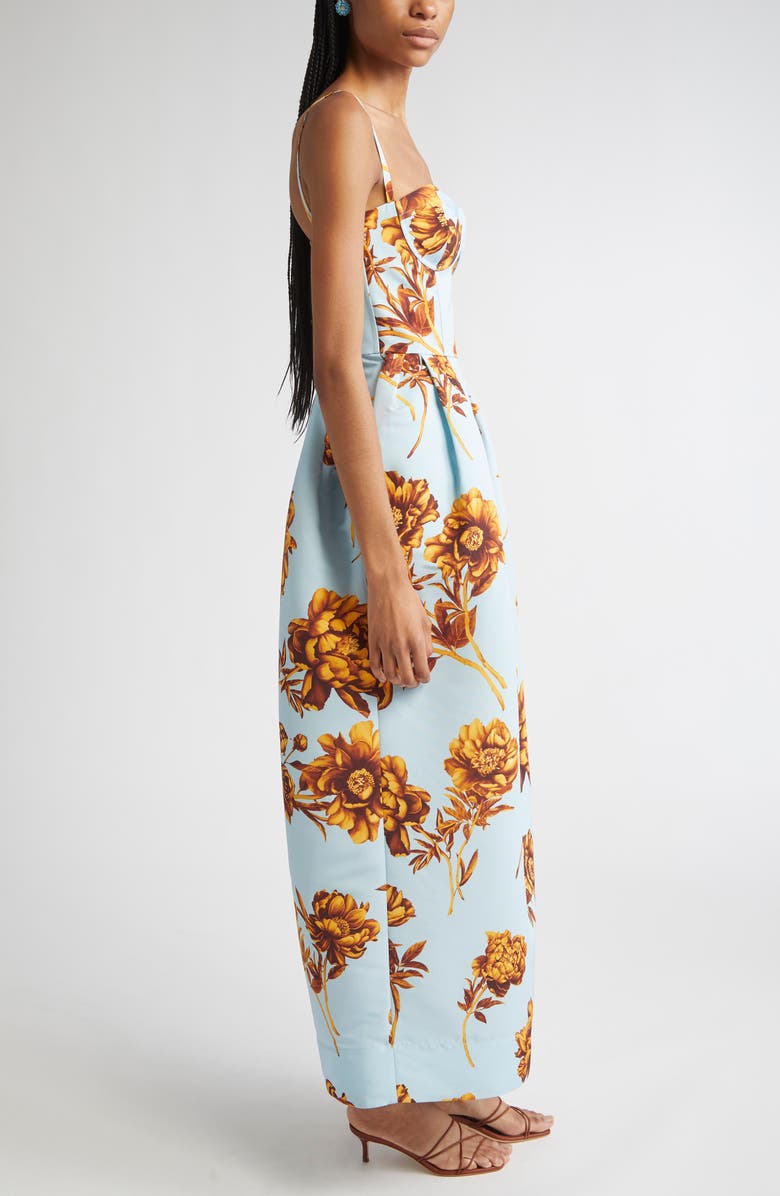 Oscar de la Renta Tonal Peony Print Faille Bustier Gown, Alternate, color, Brown/ Ice Blue