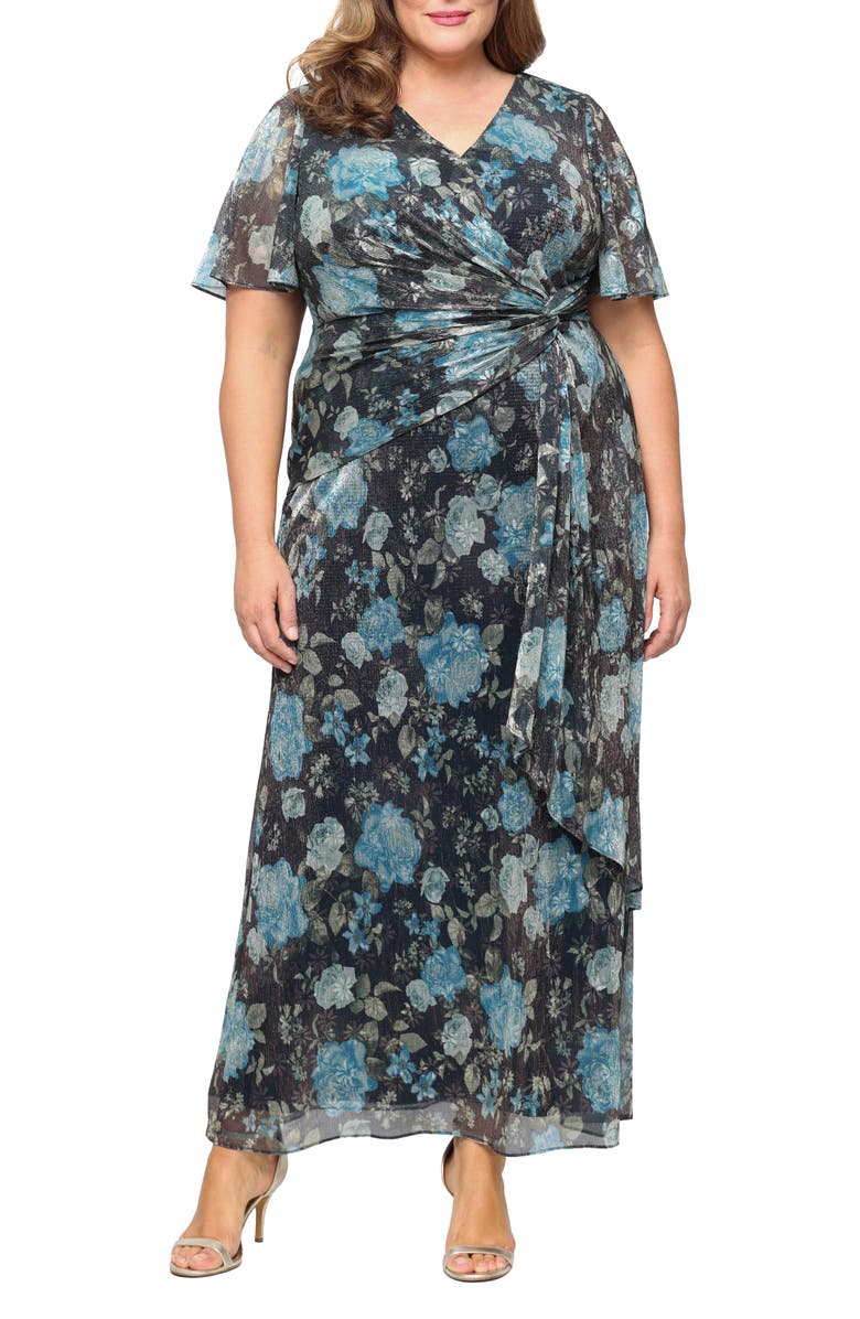 SL FASHIONS Knot Front Flutter Sleeve Chiffon Gown, Main, color, Navy Multi