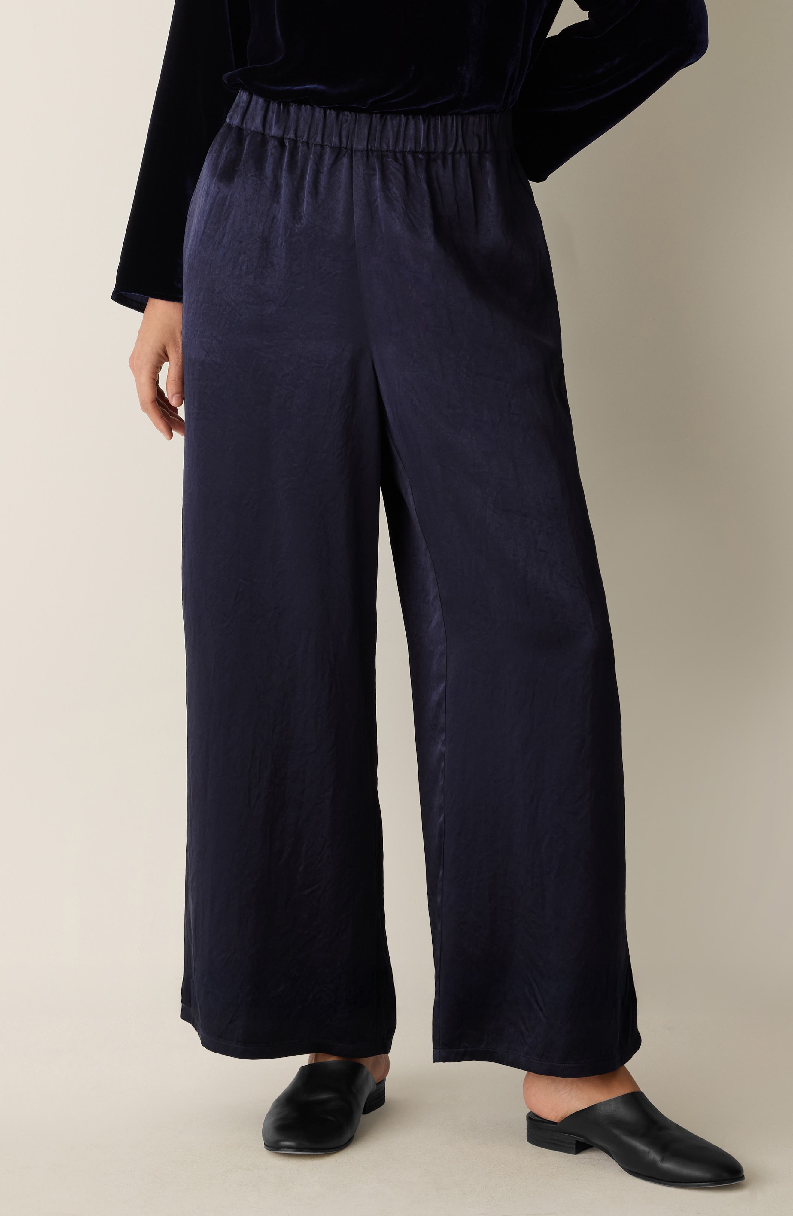Eileen Fisher Crinkle Satin Wide Leg Ankle Pants