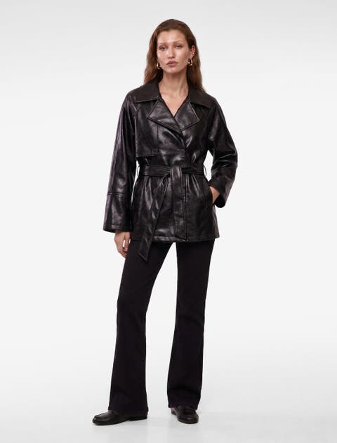 Belted Double-breasted Faux Leather Trench Coat