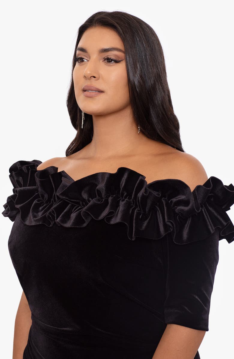 Xscape Evenings Strapless Ruffle Detail Velvet Gown, Alternate, color, 