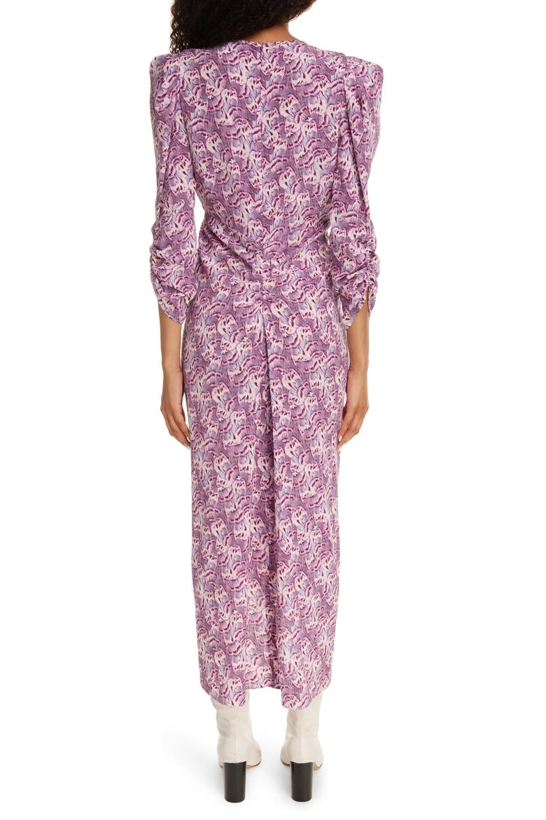 Albini Abstract Print Ruched Stretch Silk Midi Dress, Alternate, color, MAUVE