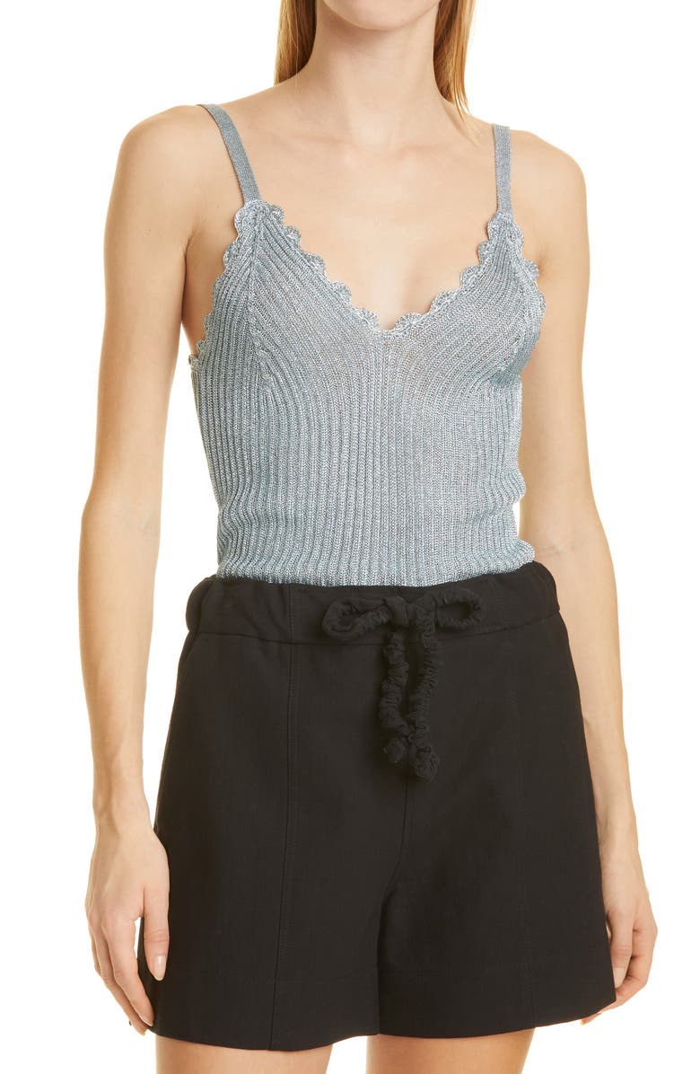 Ganni Metallic Scalloped Knit Tank, Main, color, 