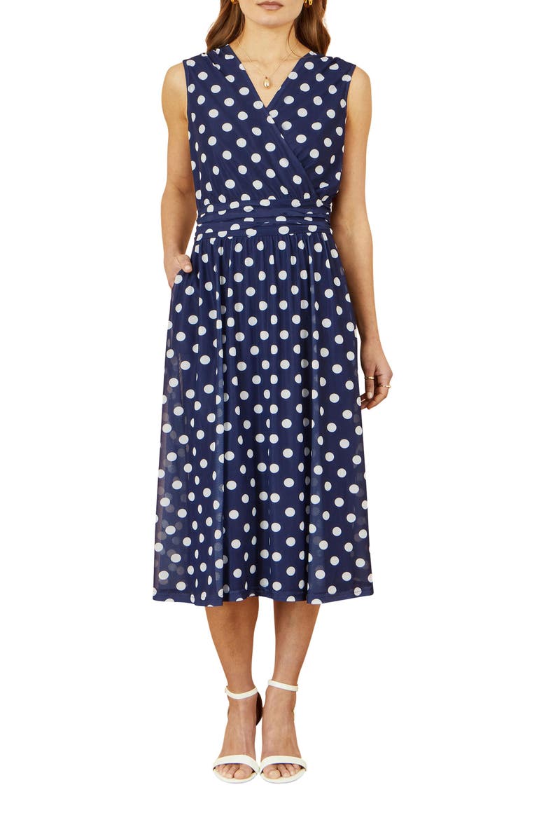 Polka Dot Mesh Wrap Skater Dress, Alternate, color, Navy
