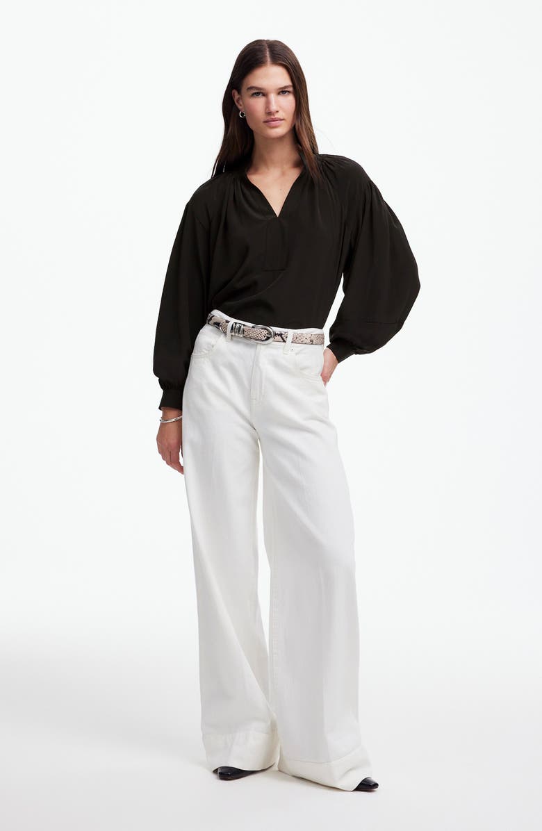 Madewell Shirred Long Sleeve Silk Top, Alternate, color, True Black