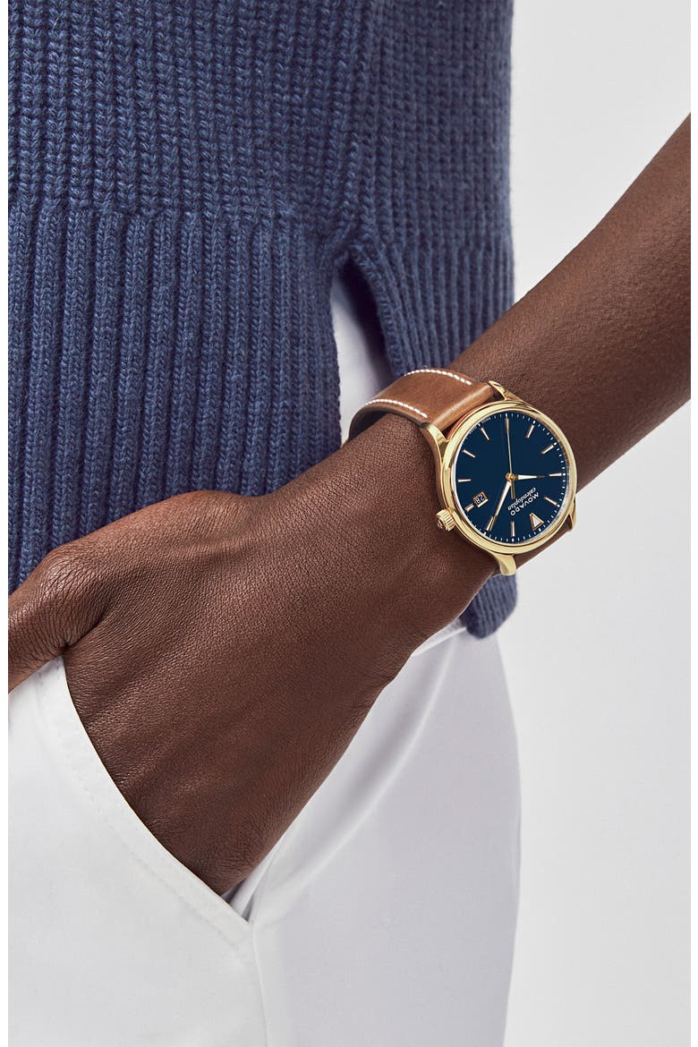Heritage Calendoplan Leather Strap Watch, 42mm, Alternate, color, COGNAC/ BLUE/ GOLD
