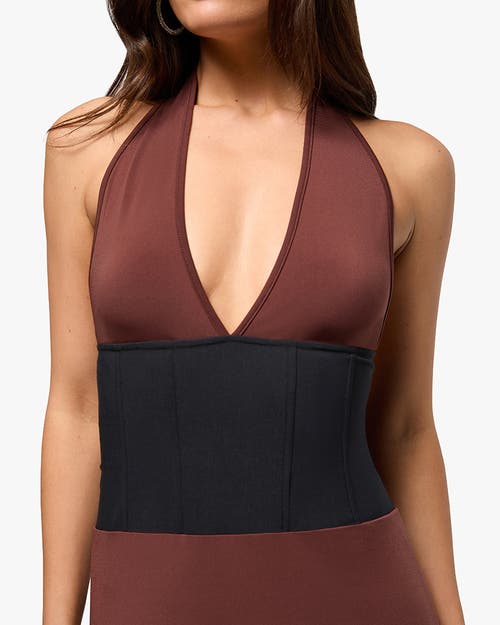 Weworewhat Corset Halter Asymmetrical Midi Dress In Chocolate/black