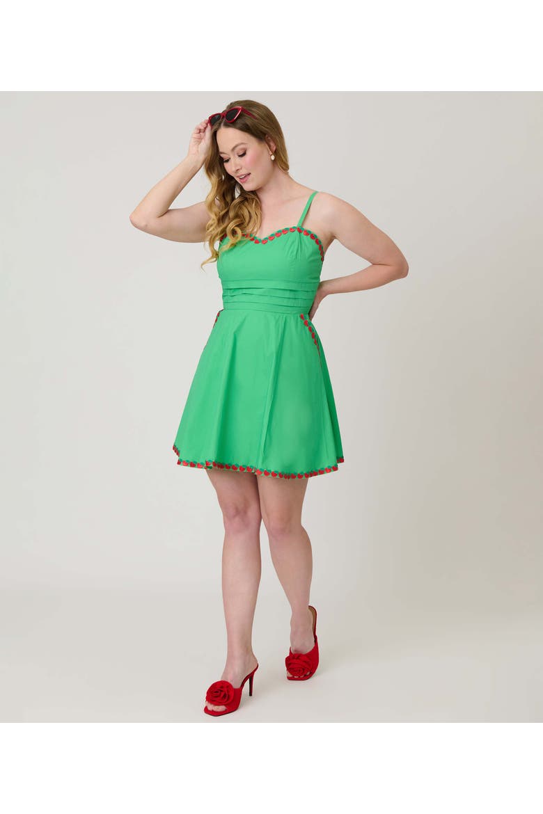 1950s Sleeveless Cotton Flare Dress, Main, color, Green w/ Red Apple Embroidery