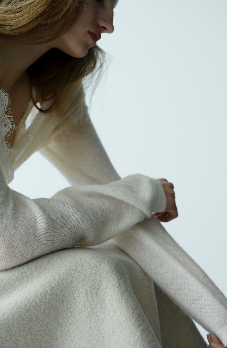 MANGO Lace Trim V-Neck Cardigan, Alternate, color, Ecru