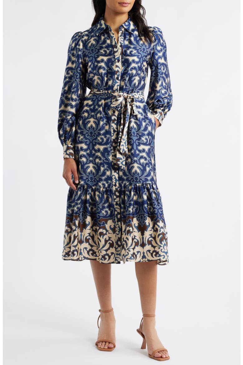 Print Tie Waist Midi Shirtdress, Main, color, NAVY MULTI