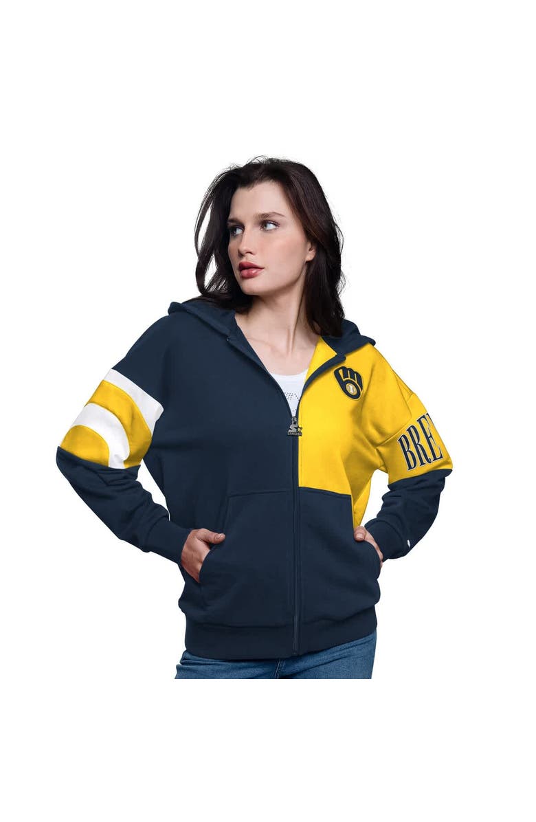STARTER Women's Starter Navy/Gold Milwaukee Brewers Curve Ball Full Zip Hoodie Sweatshirt, Main, color, Navy