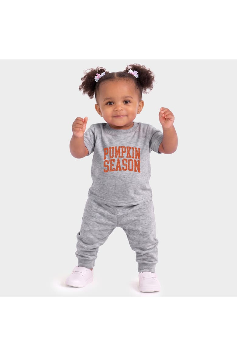 Pumpkin Season Varsity Stacked Infant Jogger Pant Crew Set, Alternate, color, Heather Grey