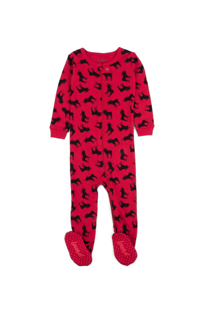 Leveret Kids Footed Printed Cotton Matching Family Holiday Pajamas, Argyles & Holiday Prints, Main, color, Moose