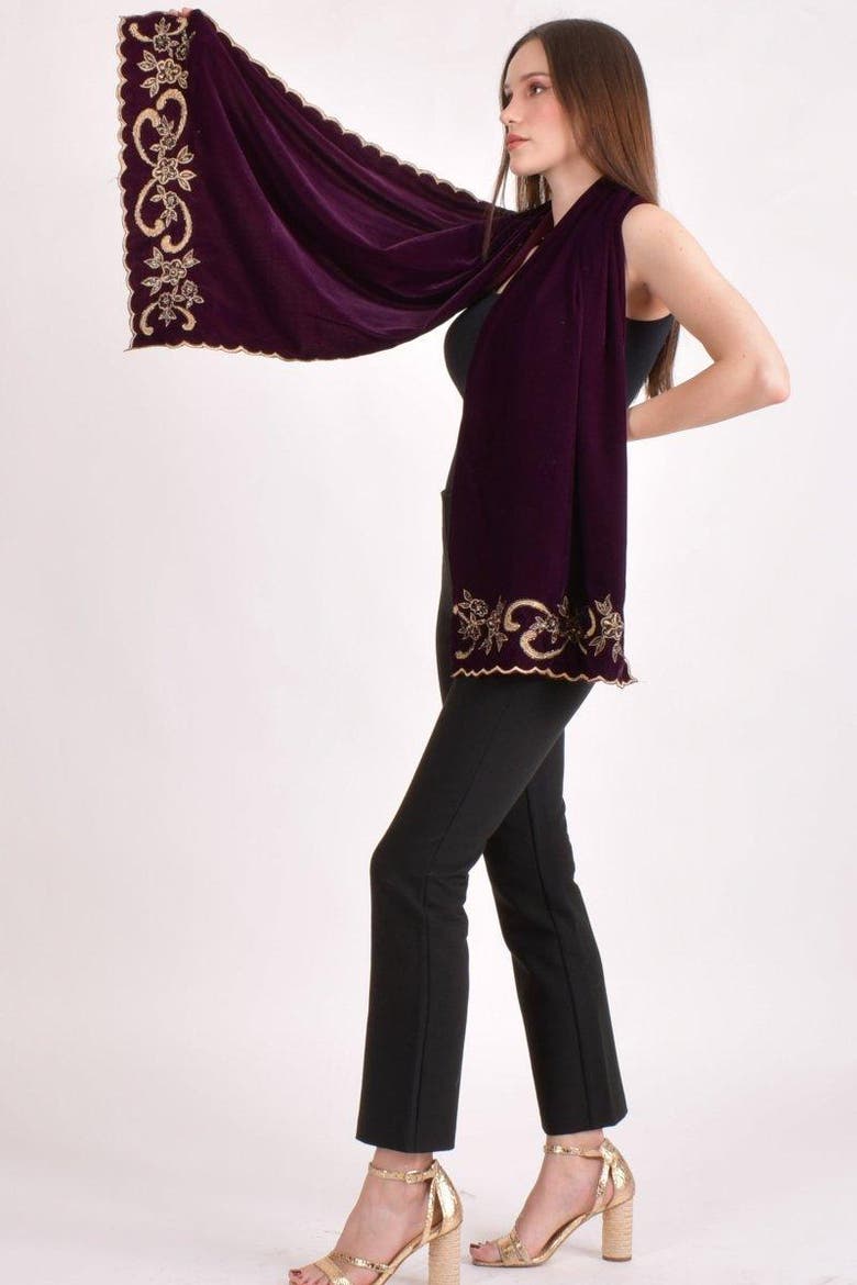 Cutwork Floral Hand Embroidered Velvet Scarf, Alternate, color, Wine