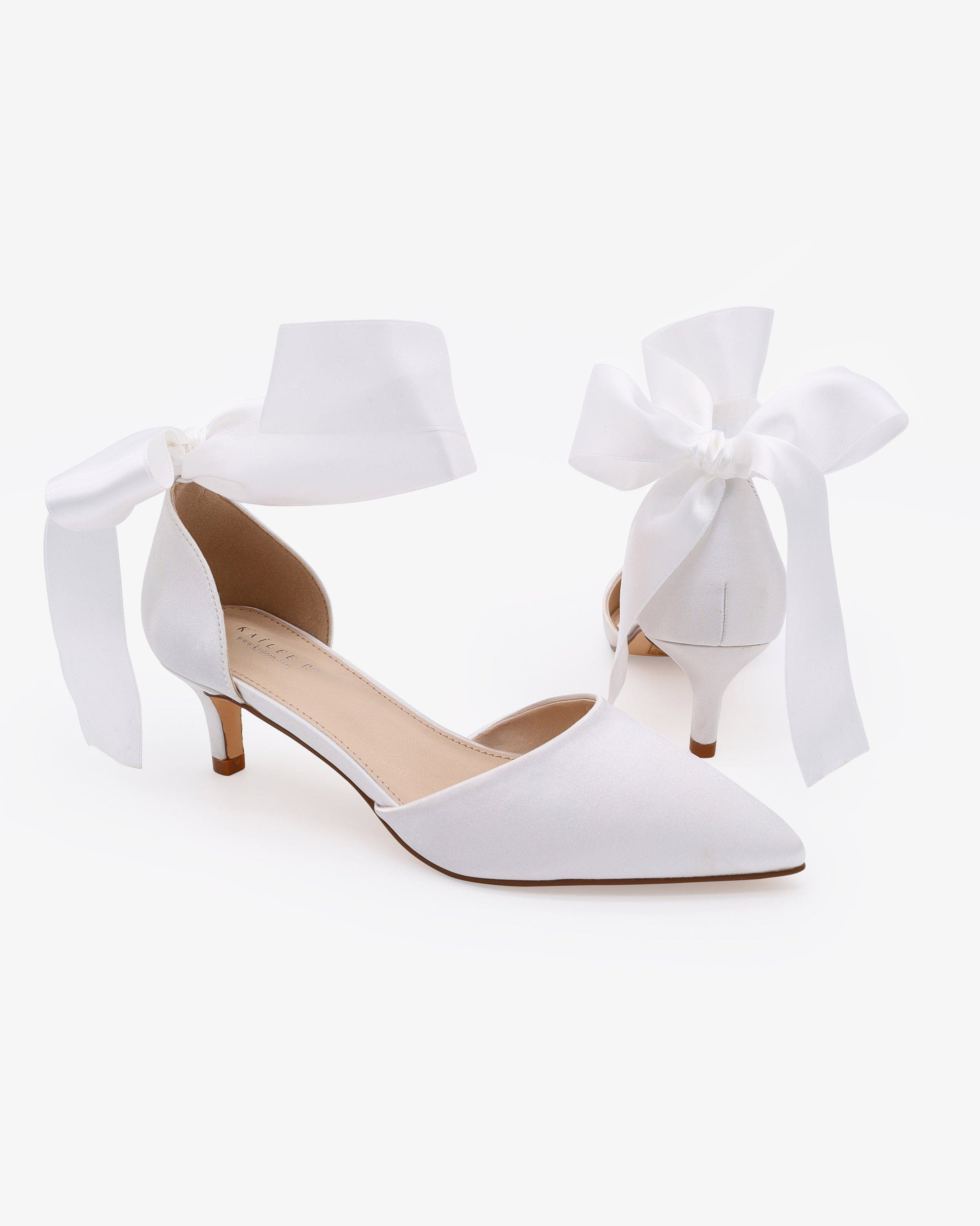 Kailee P Farah Satin Pointy Toe Kitten Low Heel with Wrapped Satin Ribbon Tie, Main, color, White