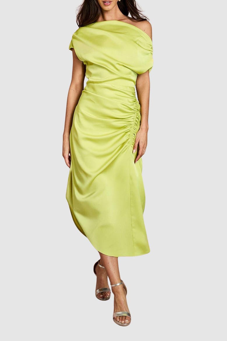 One Shoulder Satin Midi Dress, Alternate, color, Olive
