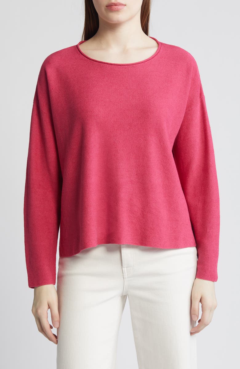 Eileen Fisher Jewel Neck Linen & Cotton Knit Top, Main, color, Geranium