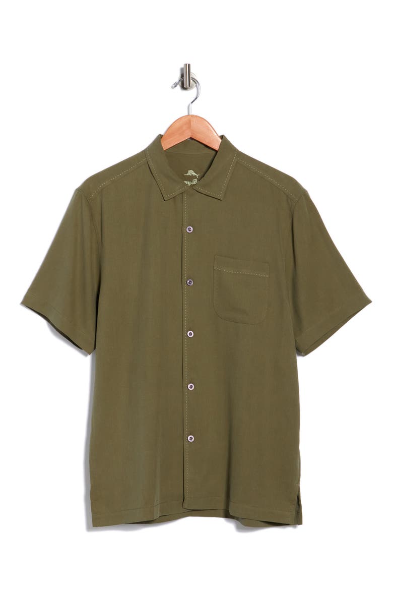 Herringbone Short Sleeve Silk Button-Up Camp Shirt, Alternate, color, DARK FERN