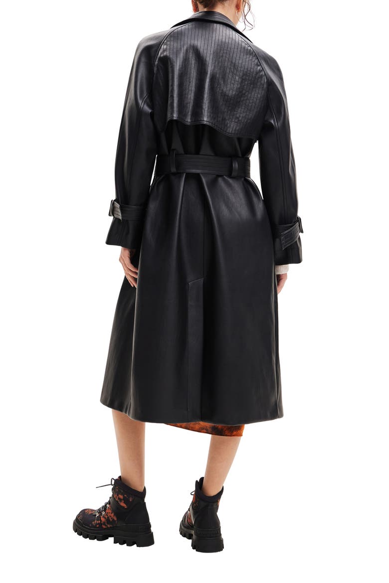 Belted Faux Leather Trench Coat, Alternate, color, BLACK