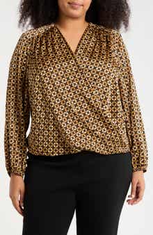 T Tahari Long Sleeve Faux Wrap Top