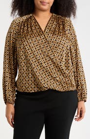 T Tahari Long Sleeve Faux Wrap Top