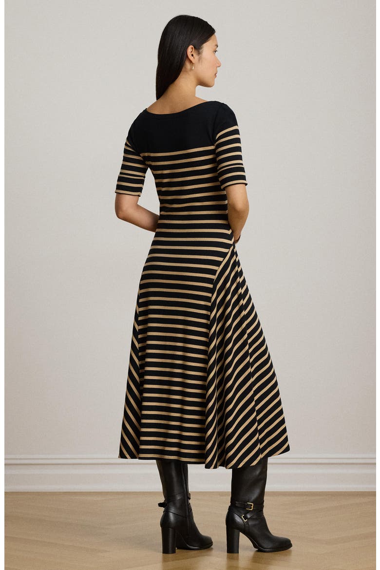 Striped Boat Neck Cotton Jersey Midi Dress, Alternate, color, BLACK/ BIRCH BEIGE