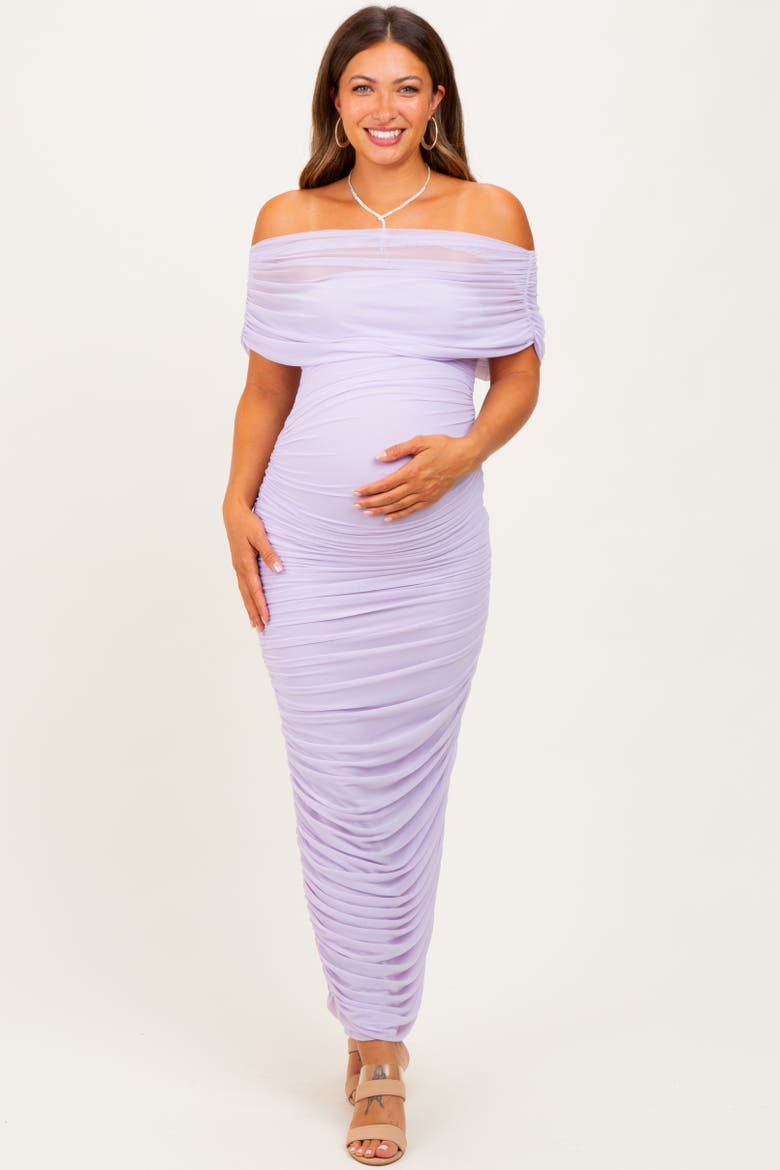Ruched Mesh Foldover Off Shoulder Maxi Dress, Alternate, color, Lavender