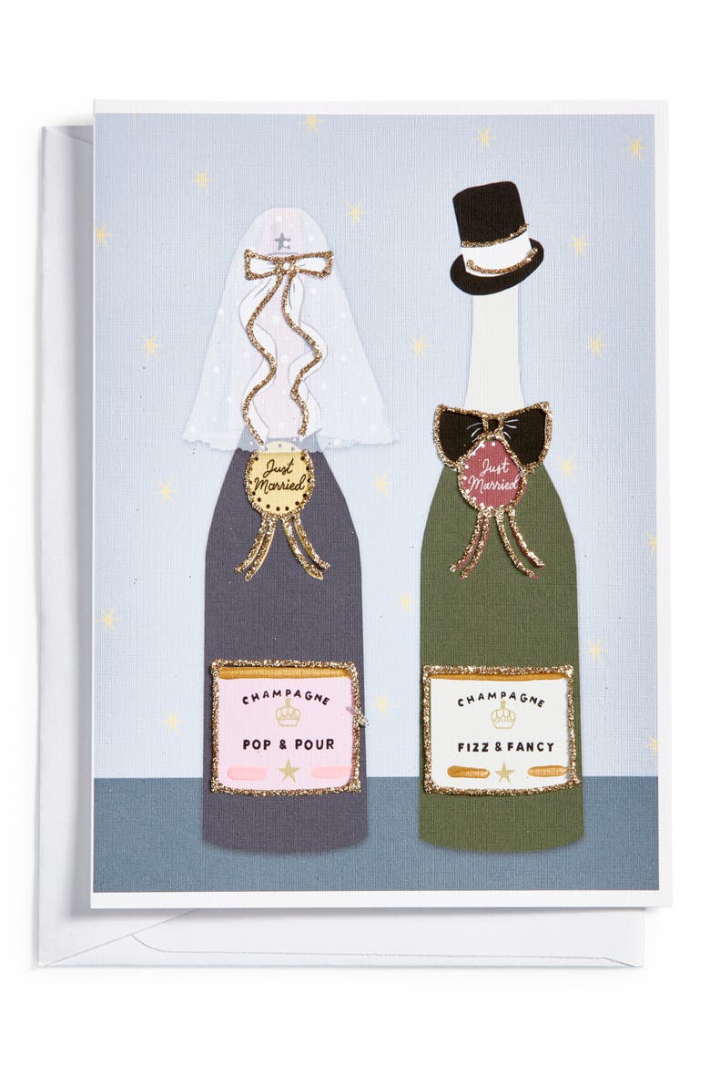 Just Married Bottles Greeting Card, Main, color, GREEN GREY