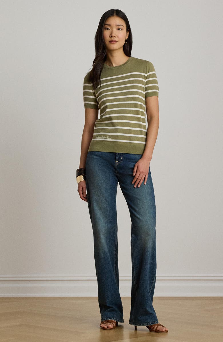 Lauren Ralph Lauren Short Sleeve Cotton Blend Sweater, Alternate, color, Mascarpone Cream/ Light Agave