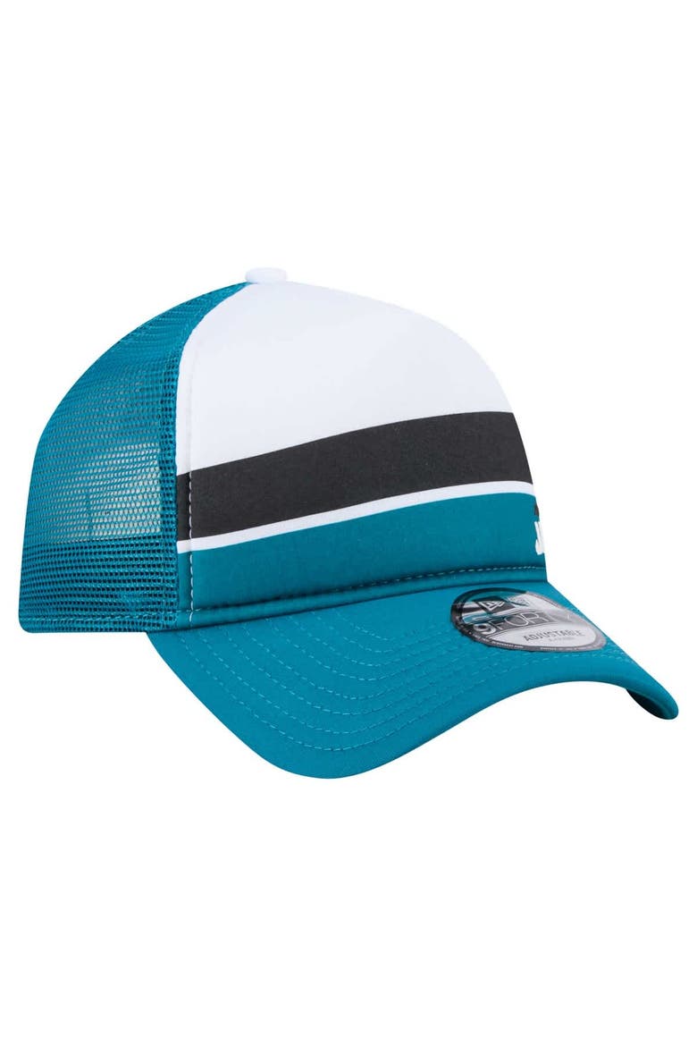 Men's New Era White/Teal Jacksonville Jaguars Color-Block 9FORTY A-Frame Trucker Adjustable Hat, Alternate, color, White