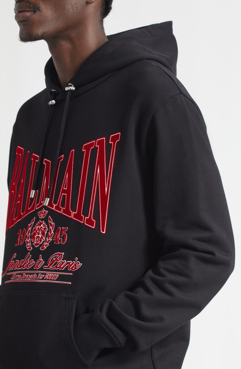 Balmain Flocked College Flag Appliqué Terry Cloth Hoodie, Alternate, color, Black/ Red
